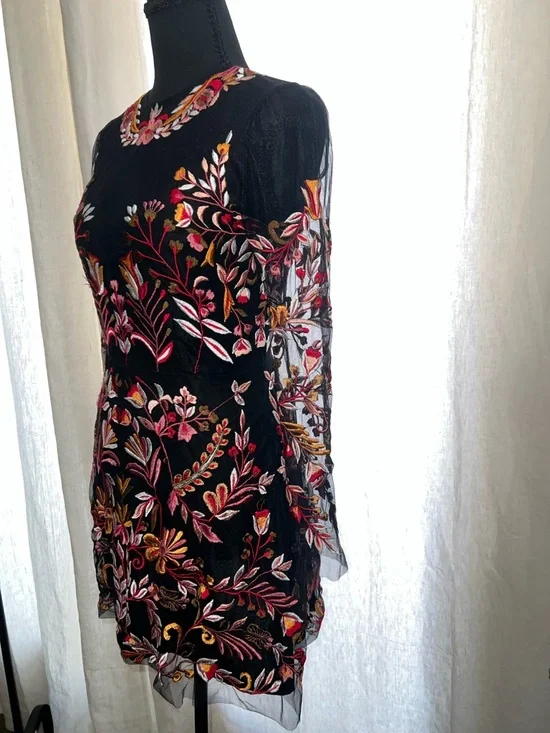 Karina Grimaldi Black Mini Dress with Pink and Gold Floral Embroidery - Picture 5 of 5